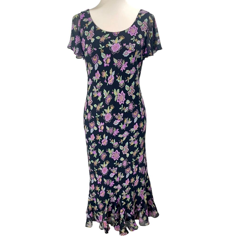 Vintage 90s Chadwick's Silk Floral Midi Dress Flutter Sleeves Whimsigoth Sz 12P